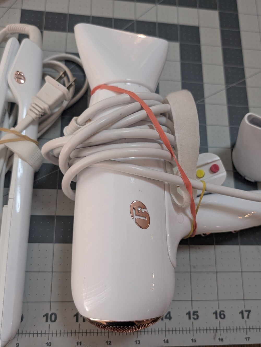 T3 White Hair Dryer with Rose Gold Accent Flat Iron set